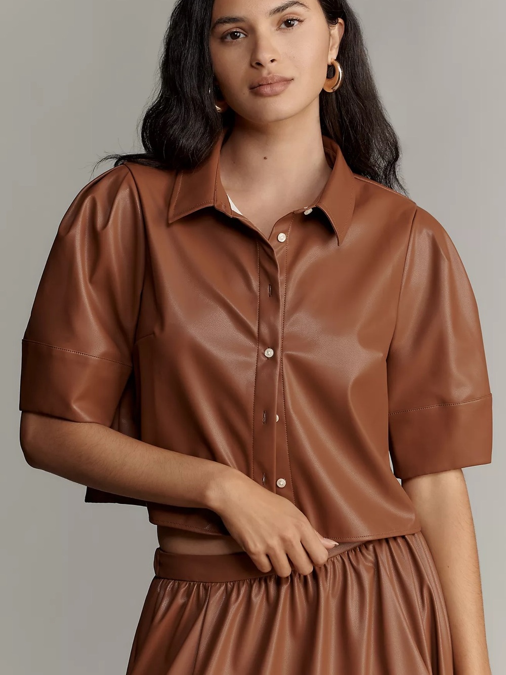 Anthropologie Maeve Lantern Sleeve Faux Leather Blouse Womens size small
